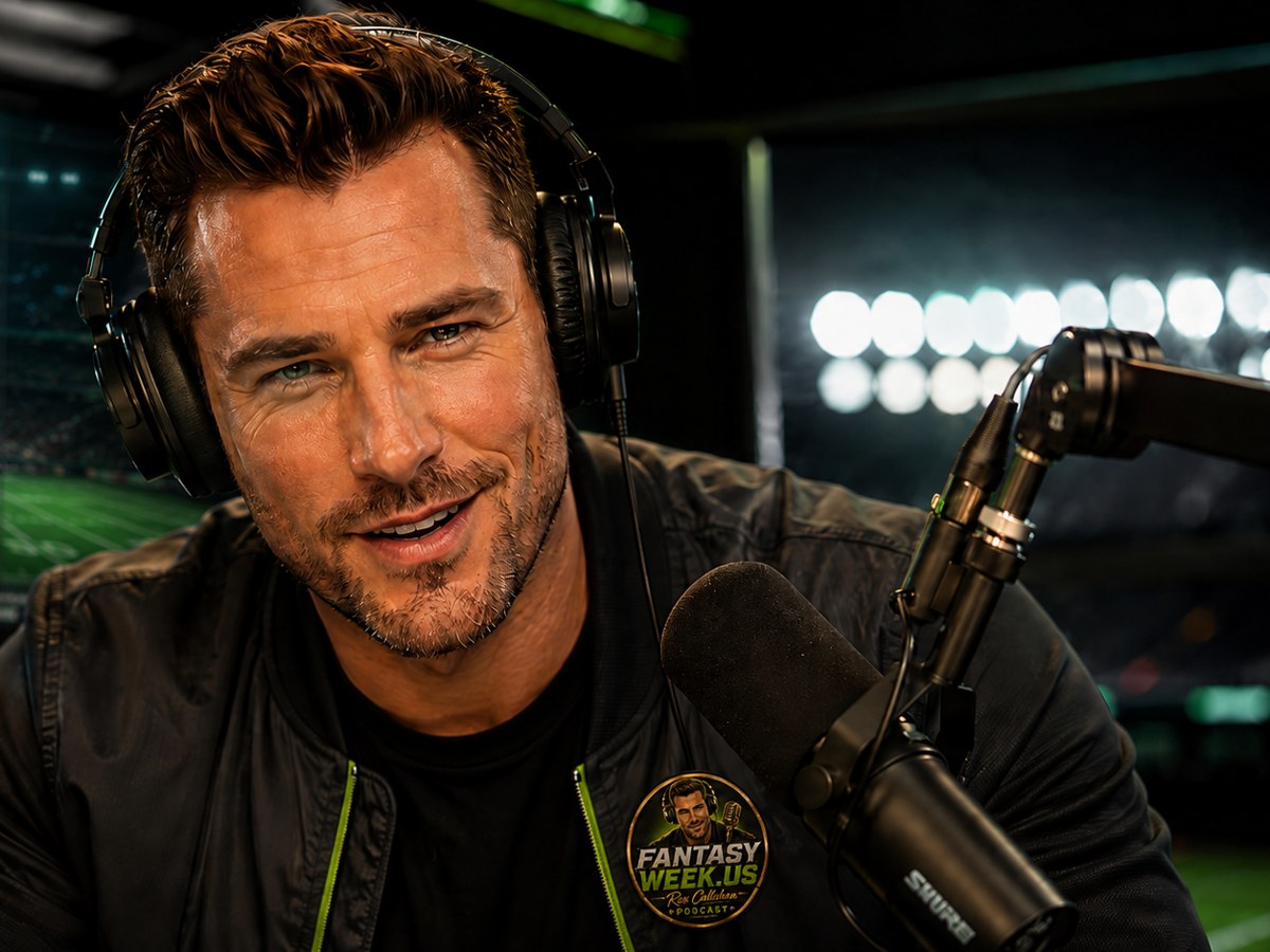 Rex Callahan in the FantasyWeek.us studio, wearing headphones at a broadcast microphone.
